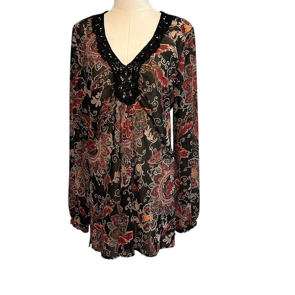 Bandolino Crochet Top Black Flower Tunic Boho Y2K Long Sleeve Pleated SZ 14